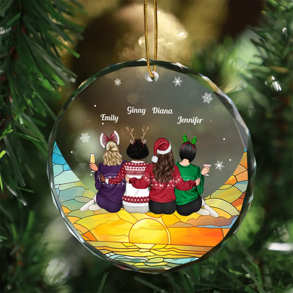 Christmas Besties Sister Sitting On The Moon - Personalized Circle Ornament