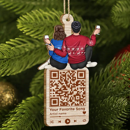 Christmas Couple QR Code Favorite Song - Personalized Wooden Cutout Ornament