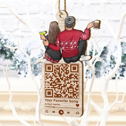 Christmas Couple QR Code Favorite Song - Personalized Wooden Cutout Ornament