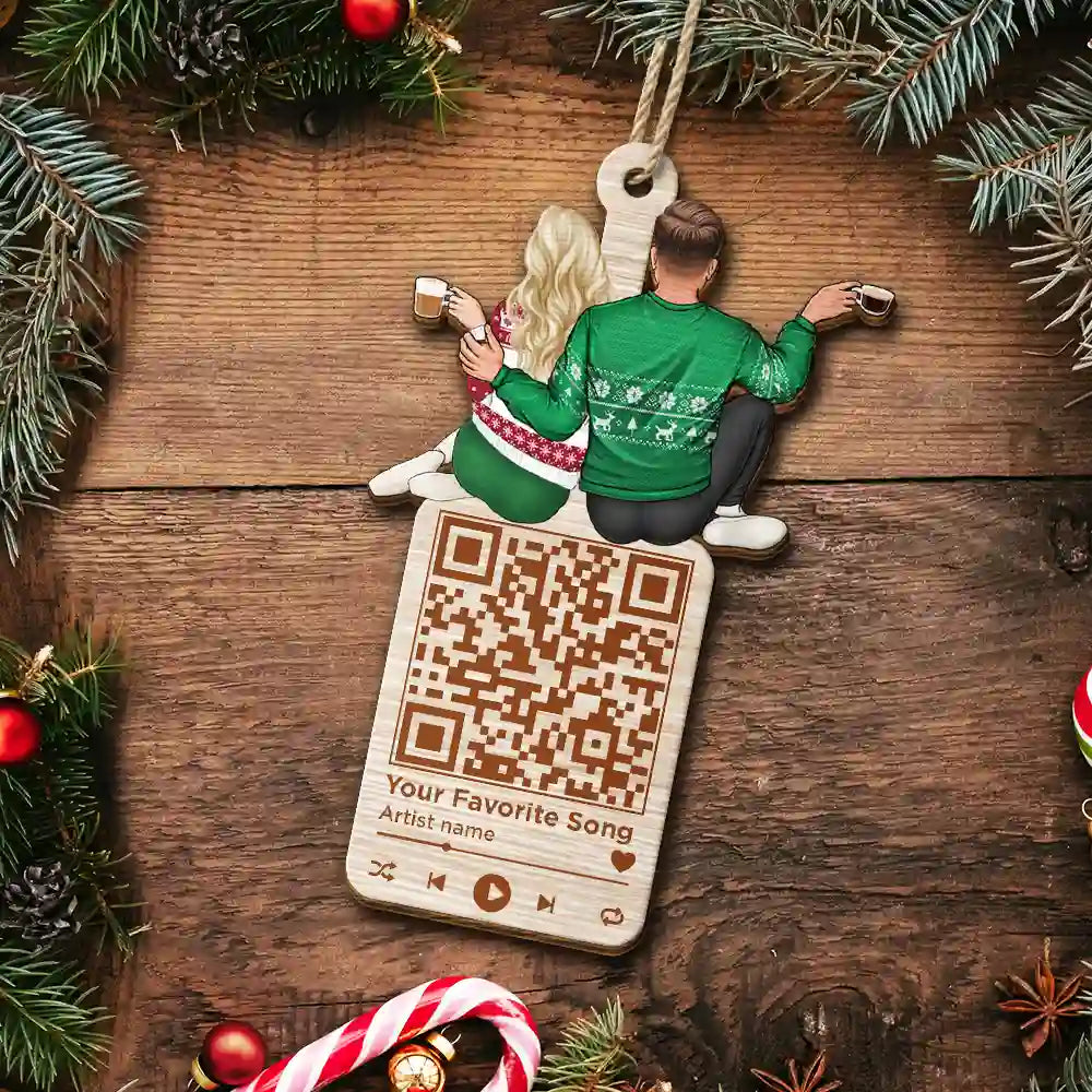 Christmas Couple QR Code Favorite Song - Personalized Wooden Cutout Ornament