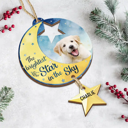 Custom Photo Memorial The Brightest Star - Personalized Wooden Ornament With Wooden Tag