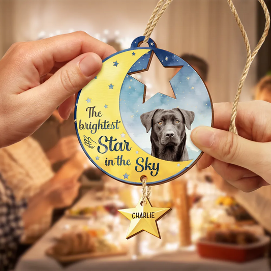 Custom Photo Memorial The Brightest Star - Personalized Wooden Ornament With Wooden Tag