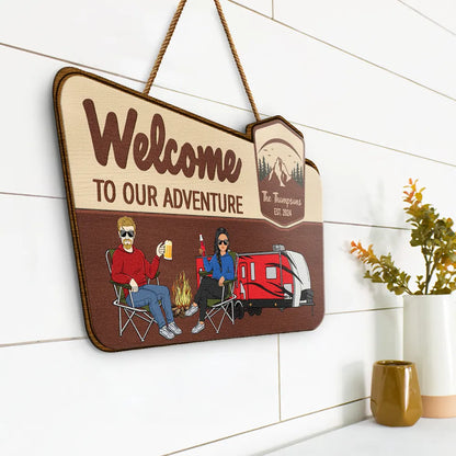 Camping Couple Welcome To Our Adventure - Personalized Custom Shaped Wood Sign