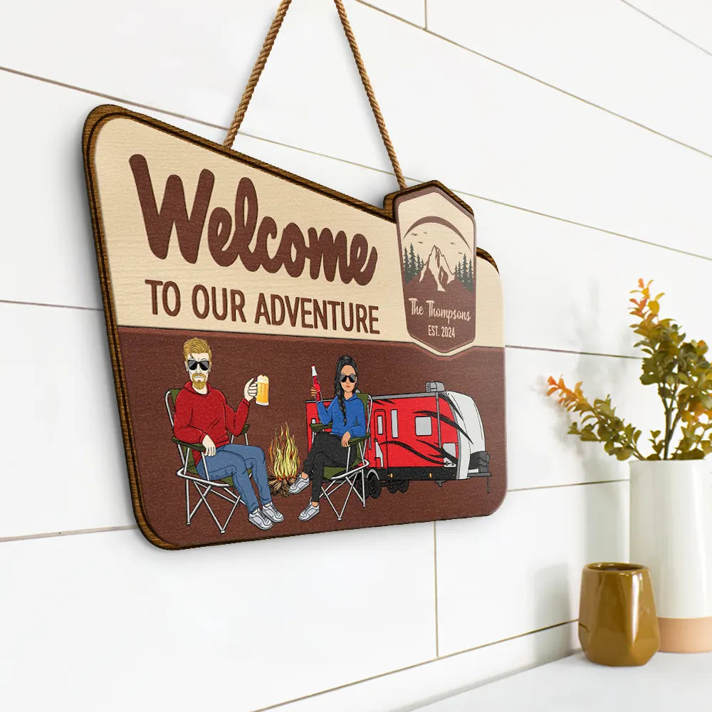 Camping Couple Welcome To Our Adventure - Personalized Custom Shaped Wood Sign