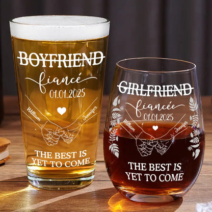 Girlfriend Fiancee Boyfriend Fiance Engagement Couple Gift - Personalized Combo Wine & Beer Glass