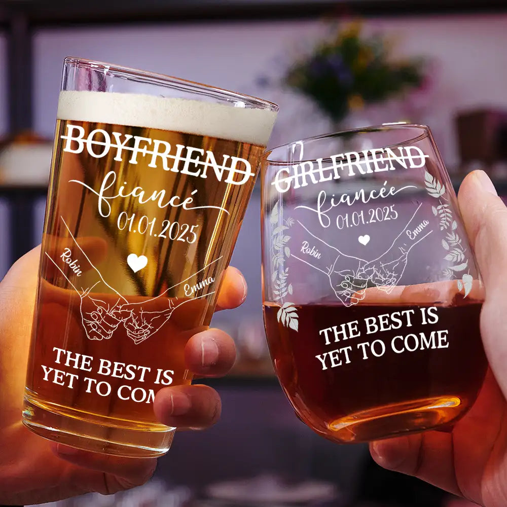 Girlfriend Fiancee Boyfriend Fiance Engagement Couple Gift - Personalized Combo Wine & Beer Glass