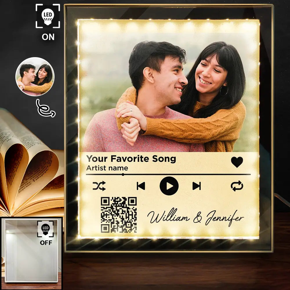 Custom Photo QR Code Music Lovers Couple Favorite Song - Personalized LED Mirror Frame Lamp