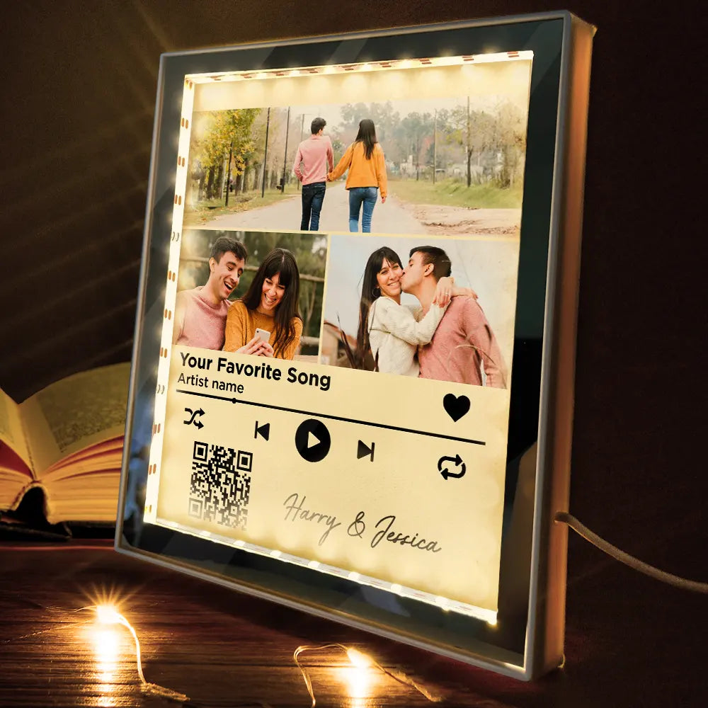 Custom Photo QR Code Music Lovers Couple Favorite Song - Personalized LED Mirror Frame Lamp