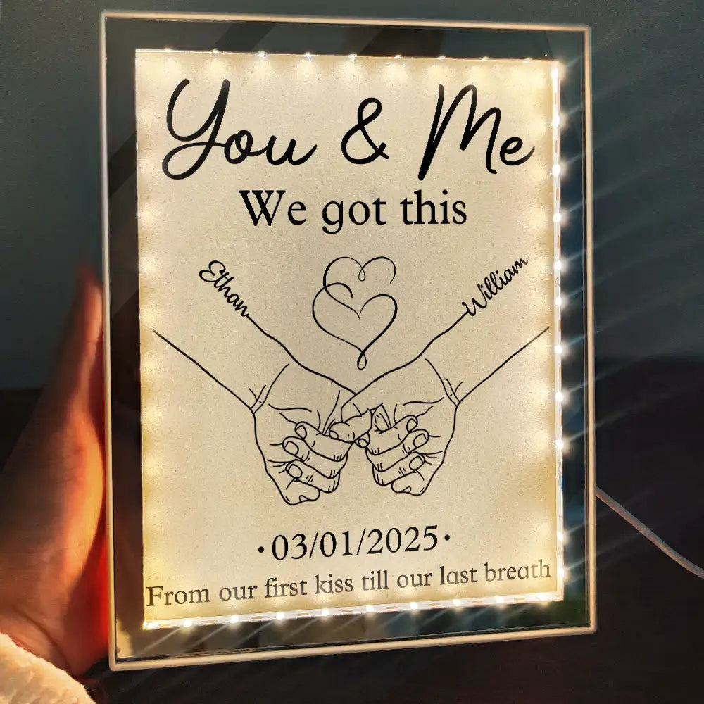 Couple Holding Hands From Our First Kiss - Personalized LED Mirror Frame Lamp