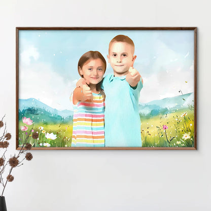 Custom Photo Watercolor Couple Family Besties Landscape - Personalized Poster