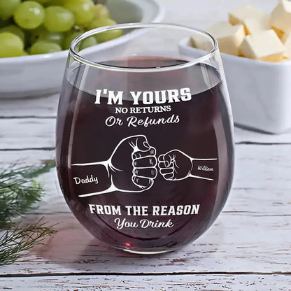 We're Yours No Returns Or Refunds Hands In Hands - Personalized Stemless Wine Glass