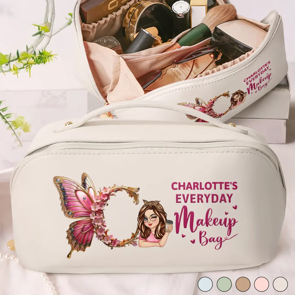 Flower Butterfly Monogram Little Reminder You're Beautiful - Personalized Leather Makeup Bag