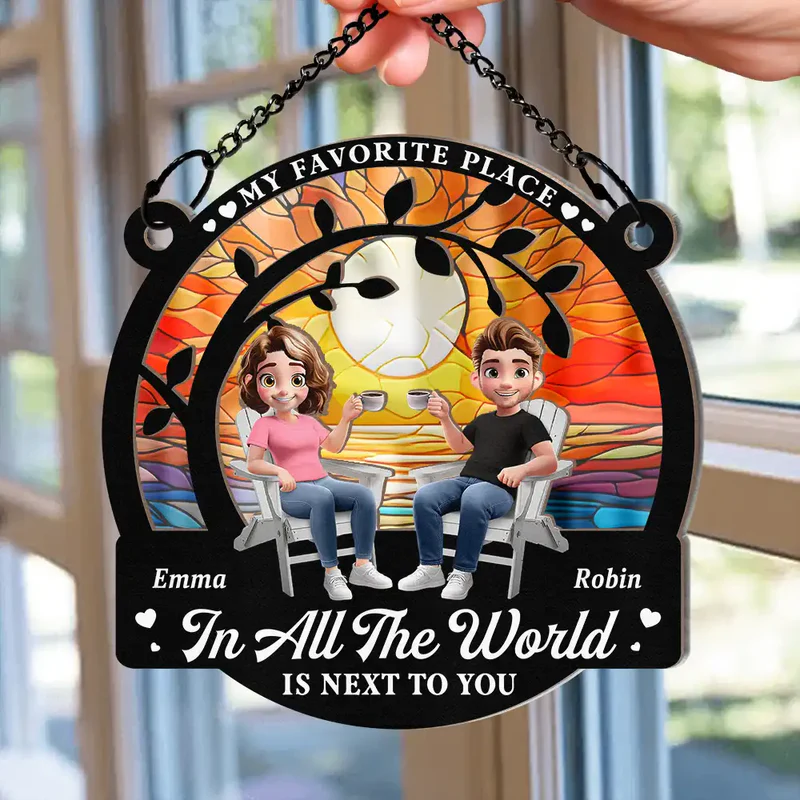 Couple Starry Night My Favorite Place In All The World - Personalized Window Hanging Suncatcher Ornament