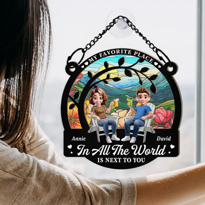 Couple Starry Night My Favorite Place In All The World - Personalized Window Hanging Suncatcher Ornament