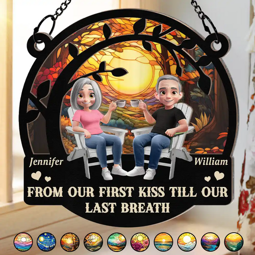 3D Effect Old Couple From Our First Kiss - Personalized Window Hanging Suncatcher Ornament