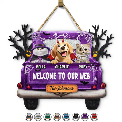 Welcome To Our Web Halloween Truck - Personalized Custom Shaped Wood Sign