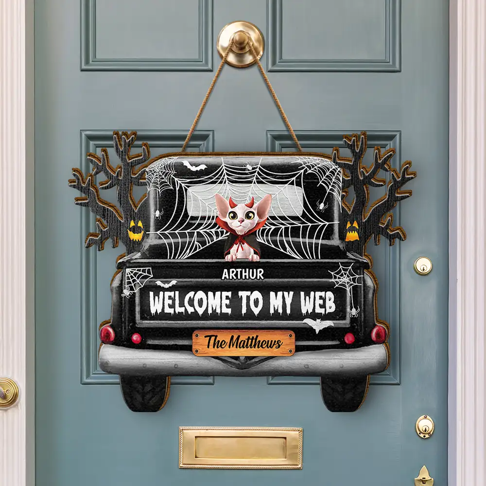 Welcome To Our Web Halloween Truck - Personalized Custom Shaped Wood Sign