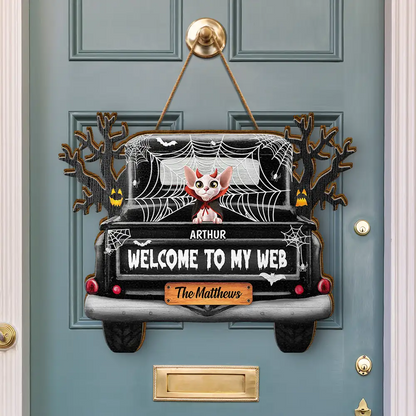 Welcome To Our Web Halloween Truck - Personalized Custom Shaped Wood Sign
