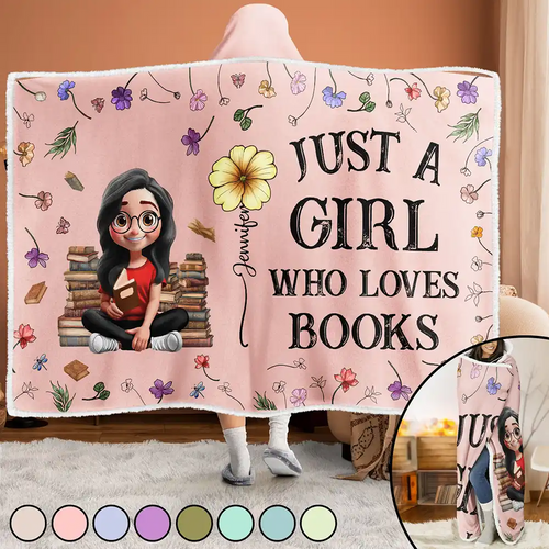 My Reading Blanket Reading Girl With Birth Month Flower - Personalized Wearable Hooded Blanket