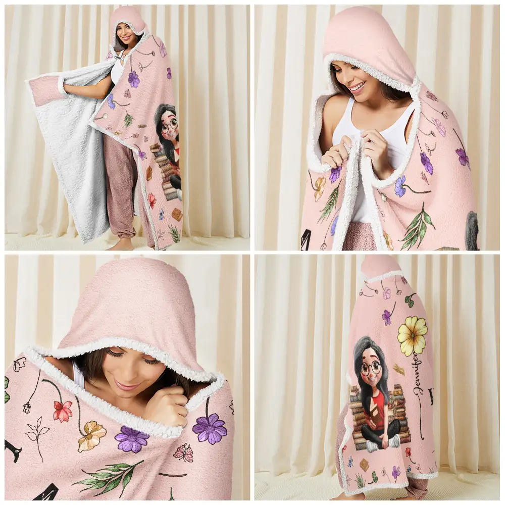My Reading Blanket Reading Girl With Birth Month Flower - Personalized Wearable Hooded Blanket