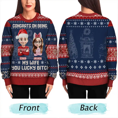 Christmas Couple Congrats On Being My Husband You Lucky Man - Personalized Unisex Ugly Sweater
