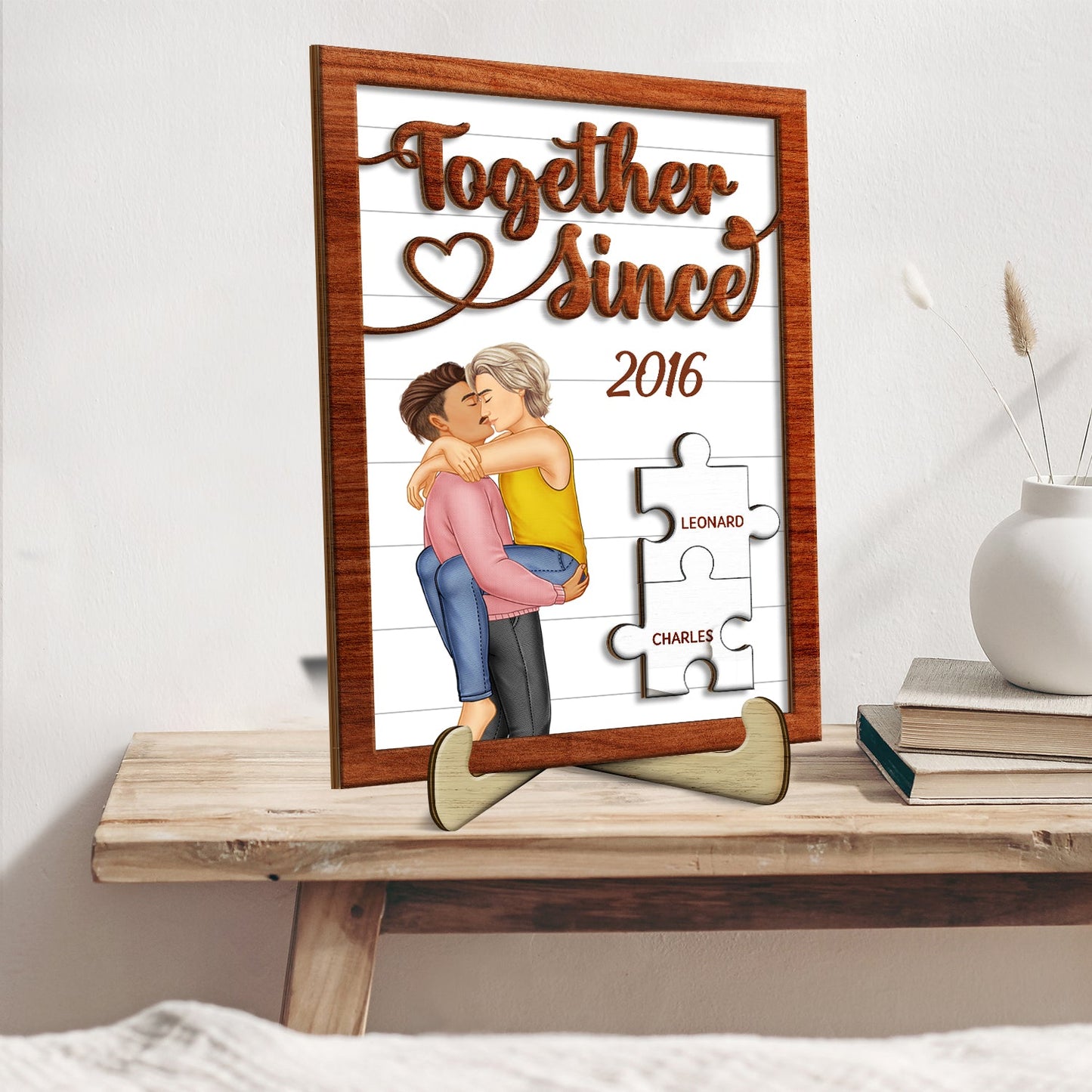 Together Since Kissing Couple - Gift For Couples, Husband, Wife - Personalized 2-Layered Wooden Plaque With Stand