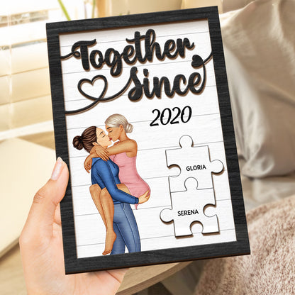 Together Since Kissing Couple - Gift For Couples, Husband, Wife - Personalized 2-Layered Wooden Plaque With Stand