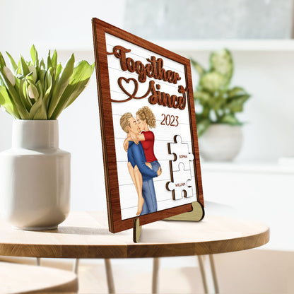 Together Since Kissing Couple - Gift For Couples, Husband, Wife - Personalized 2-Layered Wooden Plaque With Stand