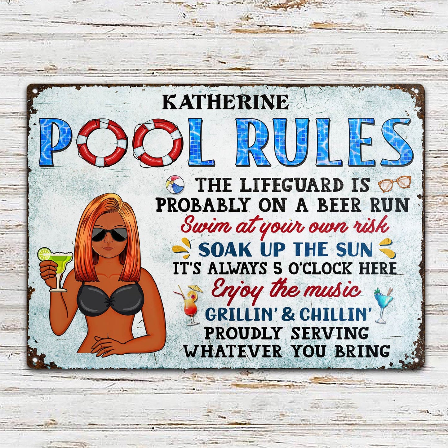 Pool Rules Soak Up The Sun Grilling - Home Decor, Backyard Decor, Gift For Her, Him, Family, Couples, Husband, Wife - Personalized Custom Classic Metal Signs