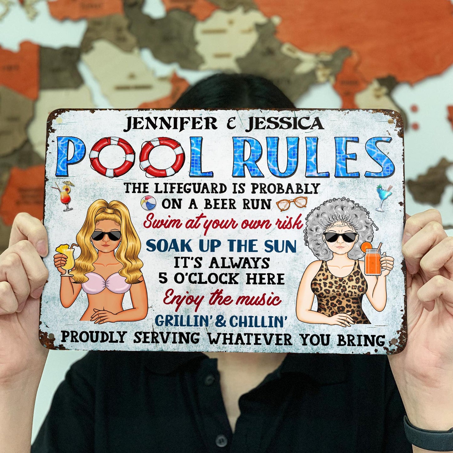 Pool Rules Soak Up The Sun Grilling - Home Decor, Backyard Decor, Gift For Her, Him, Family, Couples, Husband, Wife - Personalized Custom Classic Metal Signs