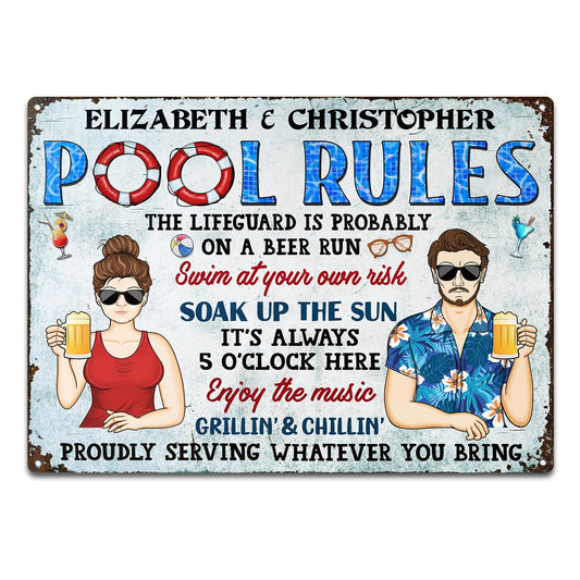 Pool Rules Soak Up The Sun Grilling - Home Decor, Backyard Decor, Gift For Her, Him, Family, Couples, Husband, Wife - Personalized Custom Classic Metal Signs