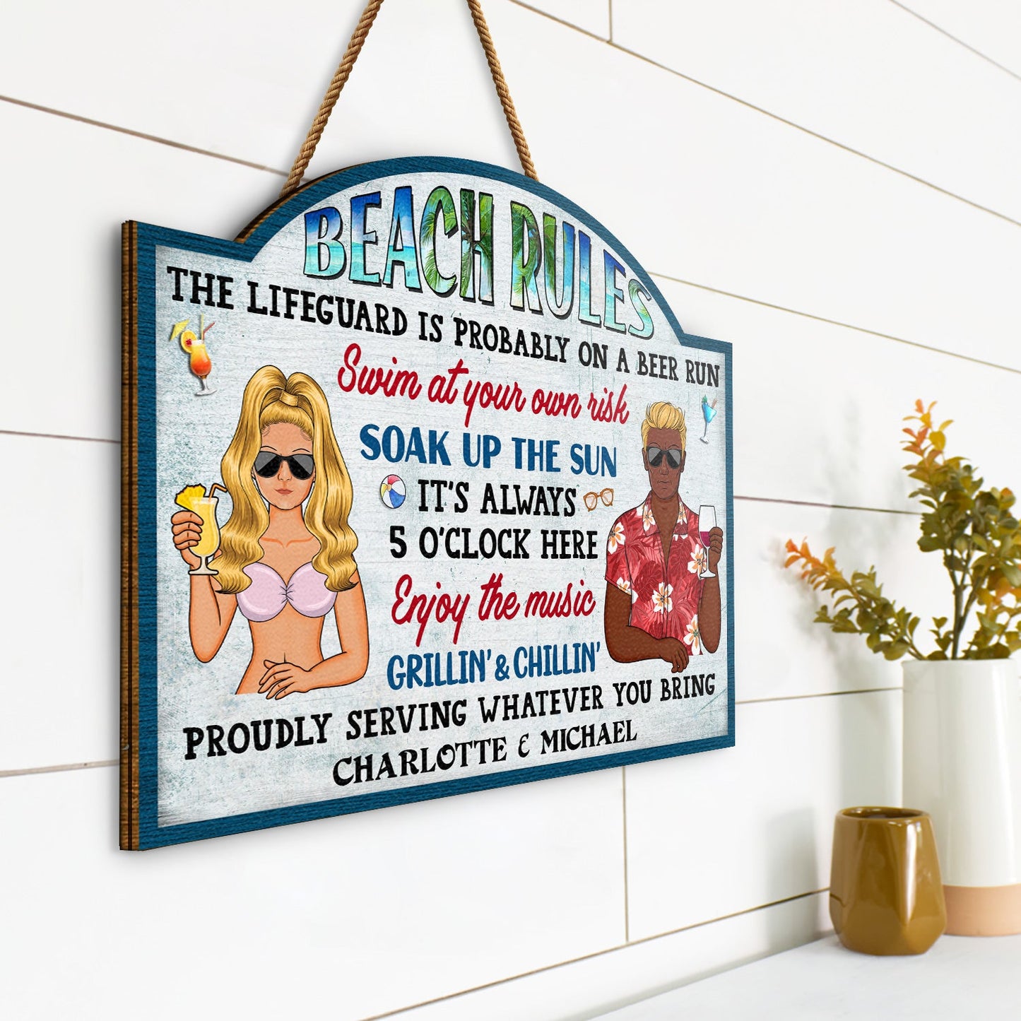 Pool Rules Swim At Your Own Risk Grilling - Home Decor, Backyard Decor, Gift For Her, Him, Couples, Husband, Wife, Family - Personalized Custom Shaped Wood Sign