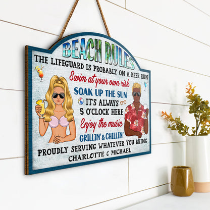 Pool Rules Swim At Your Own Risk Grilling - Home Decor, Backyard Decor, Gift For Her, Him, Couples, Husband, Wife, Family - Personalized Custom Shaped Wood Sign