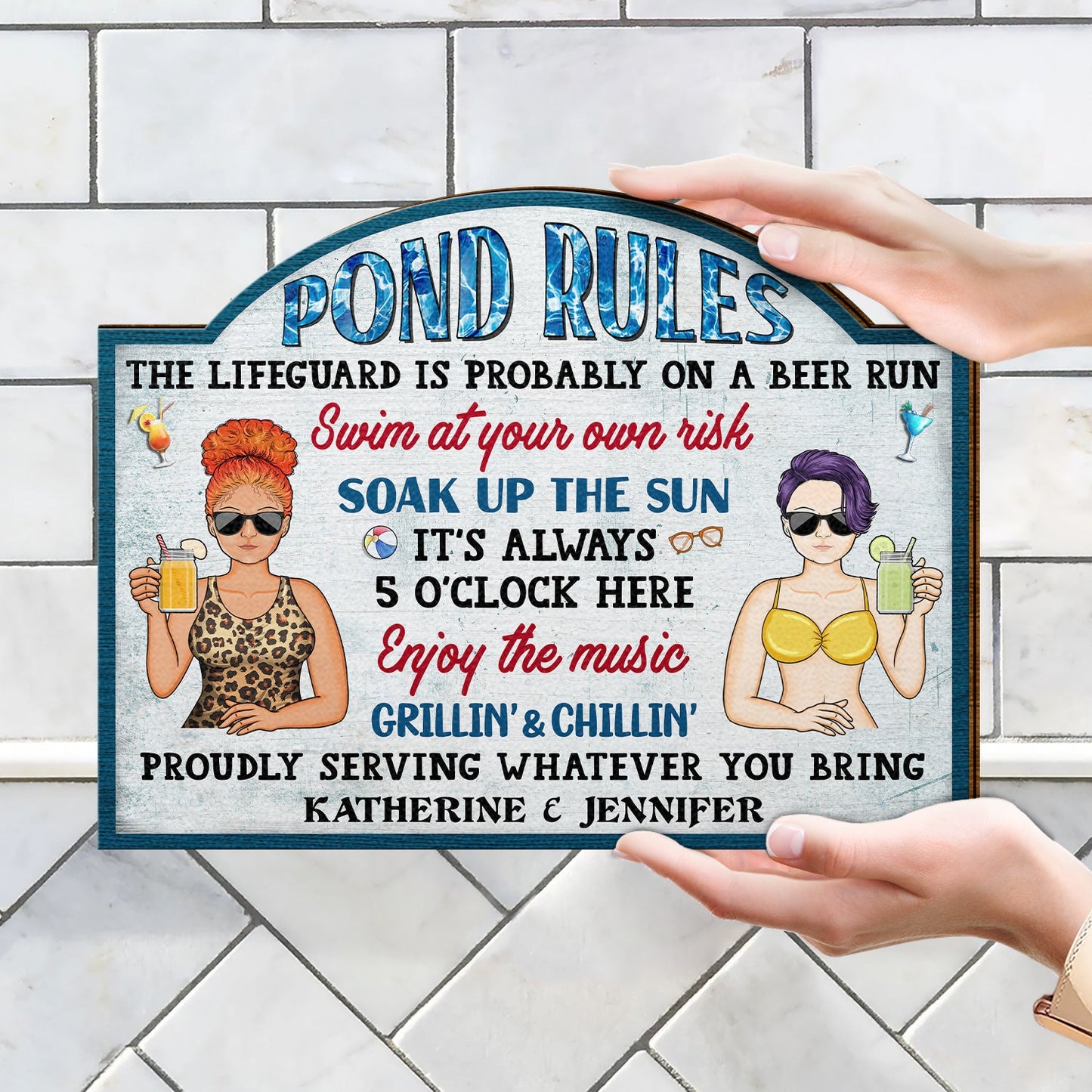 Pool Rules Swim At Your Own Risk Grilling - Home Decor, Backyard Decor, Gift For Her, Him, Couples, Husband, Wife, Family - Personalized Custom Shaped Wood Sign