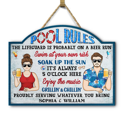 Pool Rules Swim At Your Own Risk Grilling - Home Decor, Backyard Decor, Gift For Her, Him, Couples, Husband, Wife, Family - Personalized Custom Shaped Wood Sign
