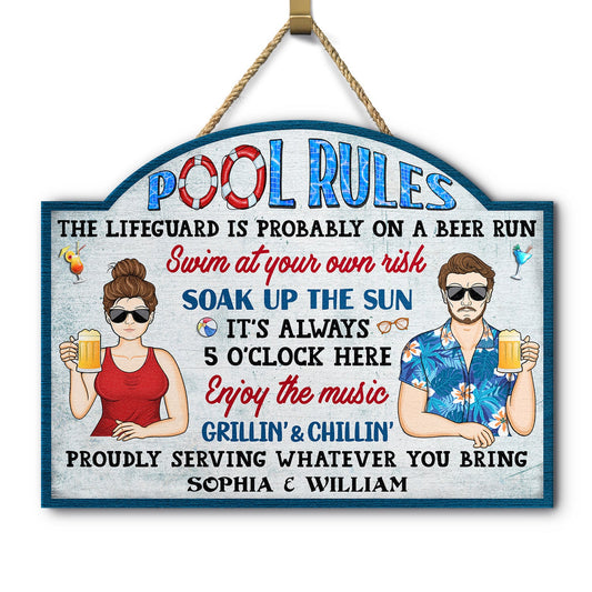 Pool Rules Swim At Your Own Risk Grilling - Home Decor, Backyard Decor, Gift For Her, Him, Couples, Husband, Wife, Family - Personalized Custom Shaped Wood Sign