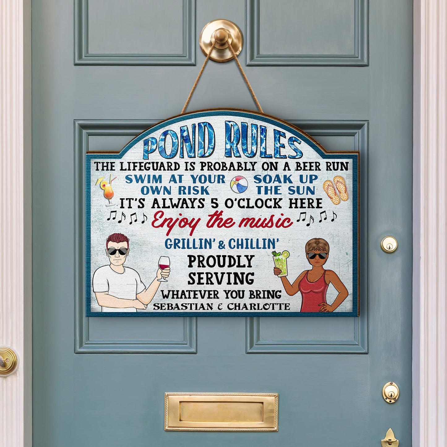 Pool Rules Swim At Your Own Risk Grilling Family - Home Decor, Backyard Decor, Gift For Her, Him, Couples, Husband, Wife - Personalized Custom Shaped Wood Sign