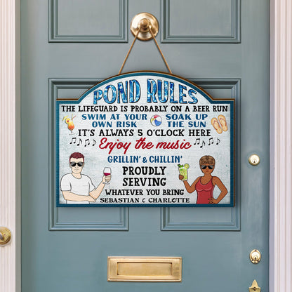 Pool Rules Swim At Your Own Risk Grilling Family - Home Decor, Backyard Decor, Gift For Her, Him, Couples, Husband, Wife - Personalized Custom Shaped Wood Sign