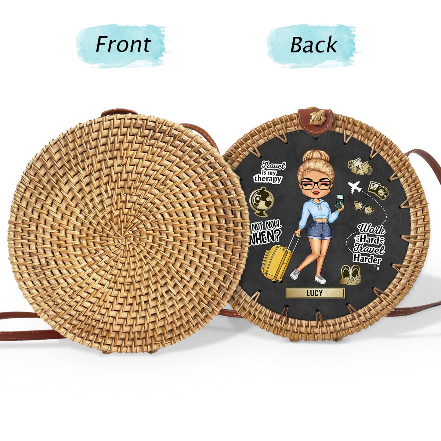 Travel Is My Therapy - Gift For Her, Travel Lovers - Personalized Custom Round Rattan Bag