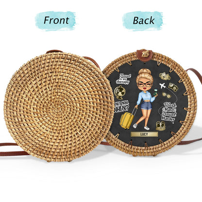 Travel Is My Therapy - Gift For Her, Travel Lovers - Personalized Custom Round Rattan Bag