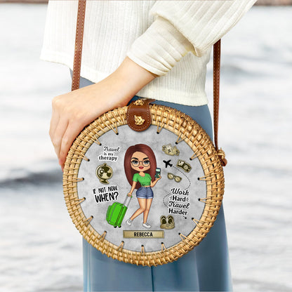 Travel Is My Therapy - Gift For Her, Travel Lovers - Personalized Custom Round Rattan Bag