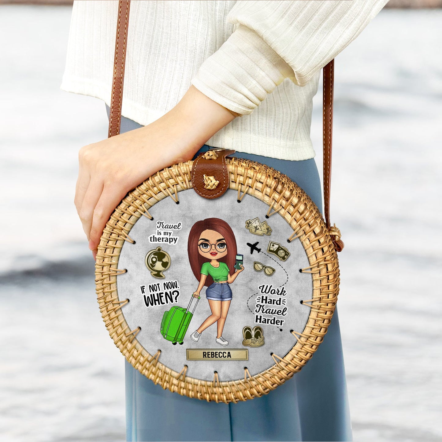 Travel Is My Therapy - Gift For Her, Travel Lovers - Personalized Custom Round Rattan Bag