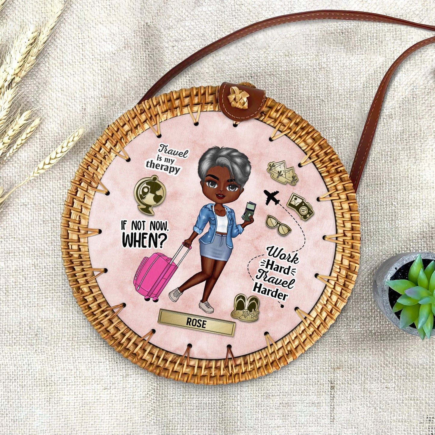 Travel Is My Therapy - Gift For Her, Travel Lovers - Personalized Custom Round Rattan Bag