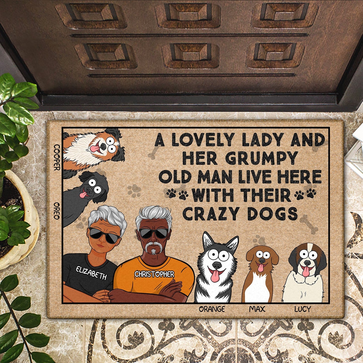 A Lovely Lady And Her Grumpy Old Man Live Here Funny Cartoon Dog - Gift For Dog Lovers, Couples - Personalized Doormat