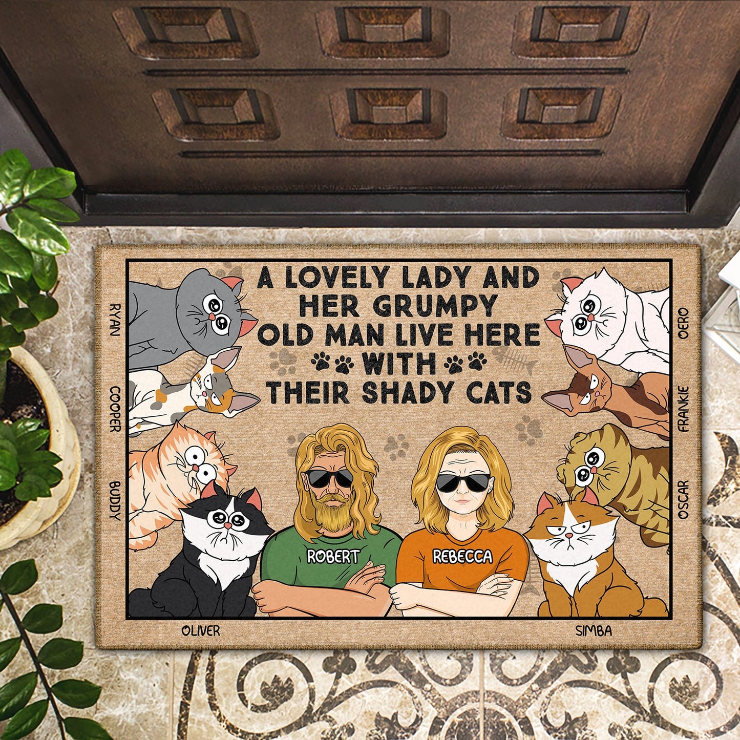 A Lovely Lady And Her Grumpy Old Man Live Here With Their Shady Cats - Gift For Cat Lovers, Couples - Personalized Doormat