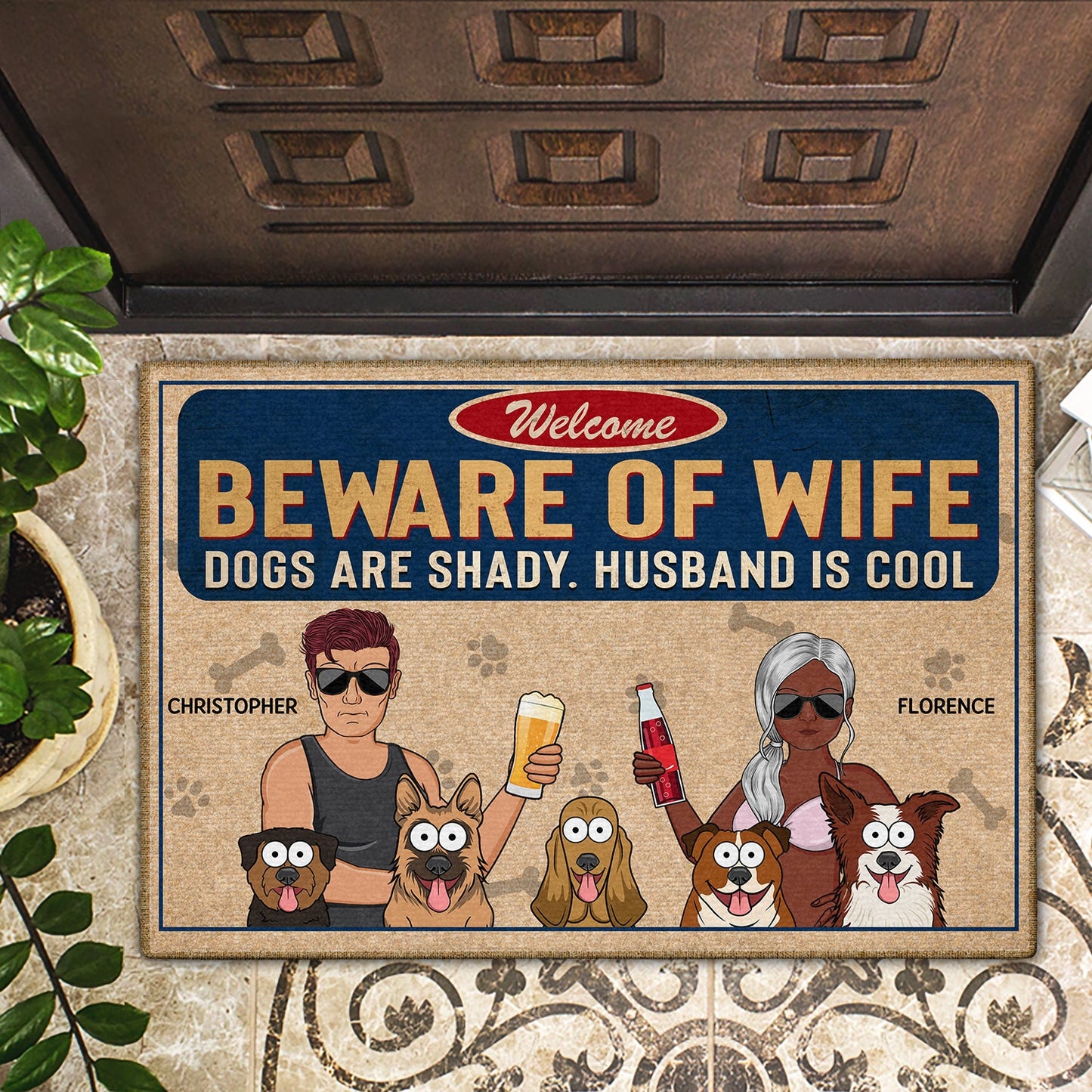 Beware Of Wife Dogs Are Shady Husband Is Cool Funny Cartoon Dog - Gift For Dog Lovers, Couples - Personalized Doormat