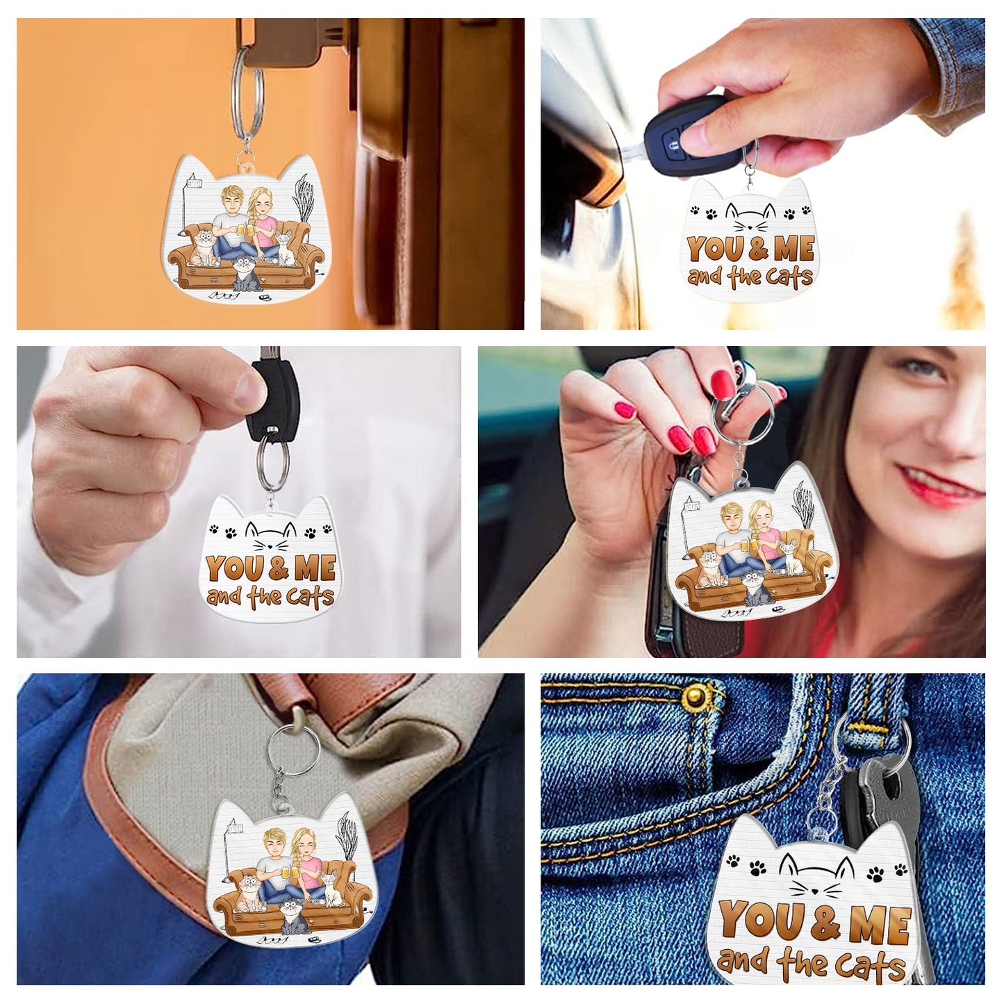 You And Me And The Cats Cat Face Shape - Birthday, Anniversary, Funny Gift For Couple, Pet Lover - Personalized Acrylic Keychain