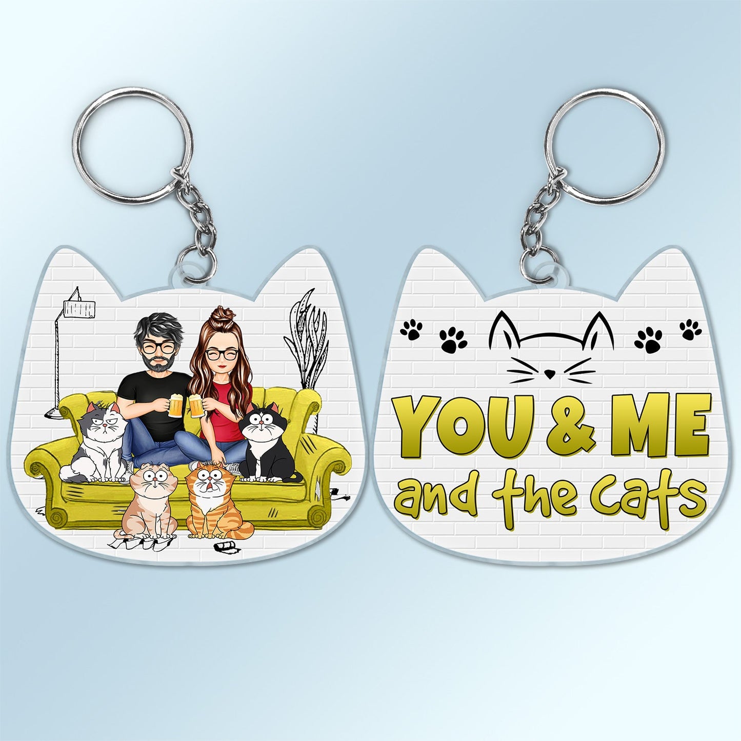 You And Me And The Cats Cat Face Shape - Birthday, Anniversary, Funny Gift For Couple, Pet Lover - Personalized Acrylic Keychain