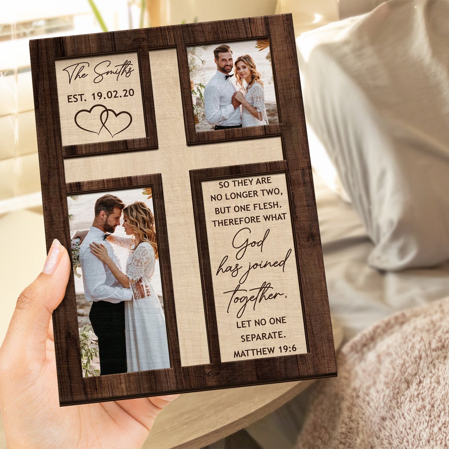 Custom Photo So They Are No Longer Two - Loving, Anniversary Gift For Married Couple, Spouse, Husband, Wife - Personalized 2-Layered Wooden Plaque With Stand