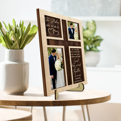 Custom Photo So They Are No Longer Two - Loving, Anniversary Gift For Married Couple, Spouse, Husband, Wife - Personalized 2-Layered Wooden Plaque With Stand